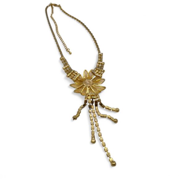 Vintage French Rhinestone Gold-Tone Sunflower Necklace with Glittery Drop - Picture 4 of 7